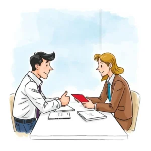 Contract negotiation illustrated with a man giving a thumbs up to a woman holding a document.