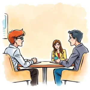 Contract feedback collecter: Solicit and compile input on contract terms 10 Three professionals discussing contract terms at a meeting table.