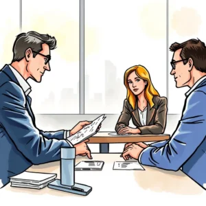Professionals discussing contract summaries in a modern office setting.