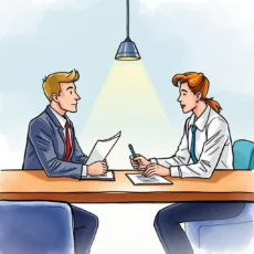 A business meeting between a man and a woman reviewing contract documents under a light.