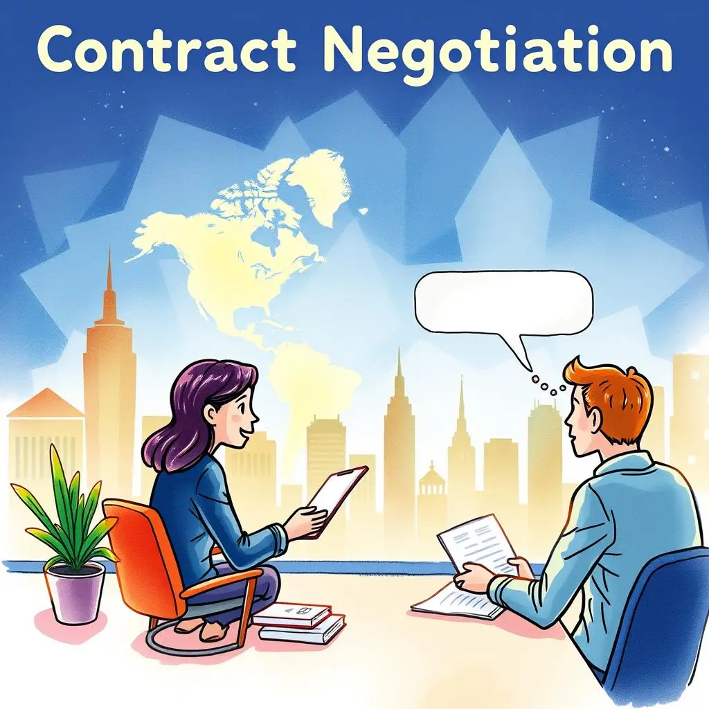 Friendly tone generator: Create warm and inviting messages for clients 1 Two professionals discussing contract negotiation with city skyline backdrop.