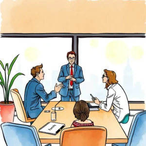 Icebreaker message creator: Design effective icebreakers for client meetings 7 A team discussion in a modern office setting focuses on effective icebreaker strategies.