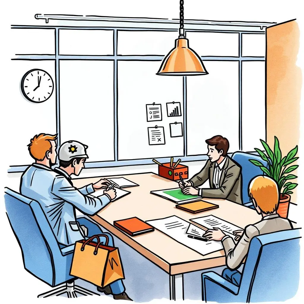 Negotiation planning meeting with professionals discussing a checklist at a conference table