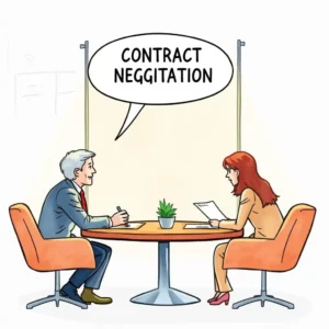 Professionals negotiating contract terms at a modern conference table.
