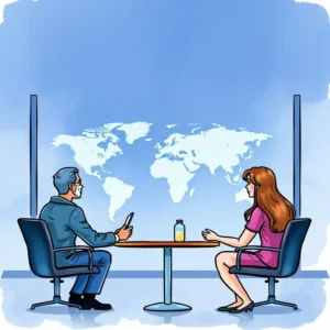 Trust establishment texts: Develop trust-building communication templates 8 A professional negotiation scene featuring a man and woman at a table with a world map in the background.
