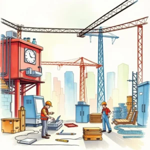 Construction workers using a laptop on a project site with cranes in the background.
