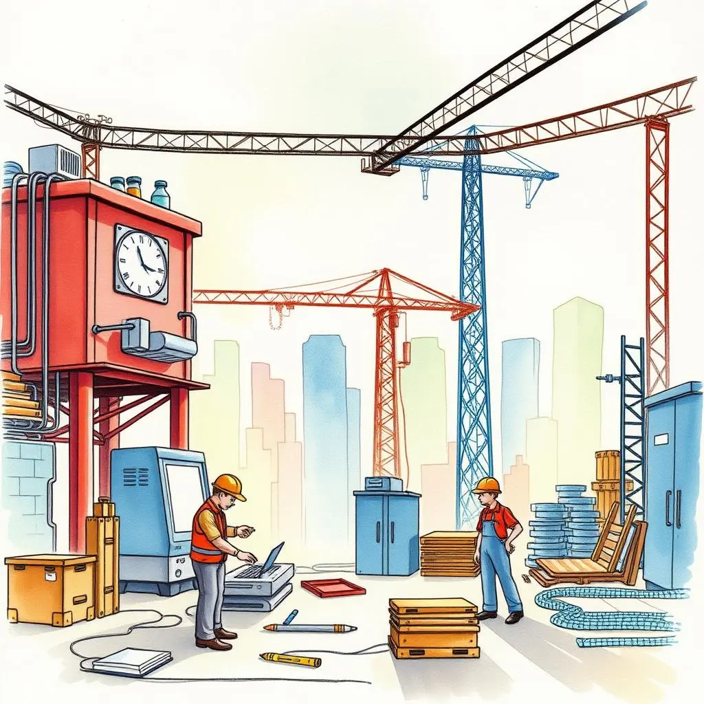 Budget projection tool: Estimate project costs precisely 1 Construction workers using a laptop on a project site with cranes in the background.