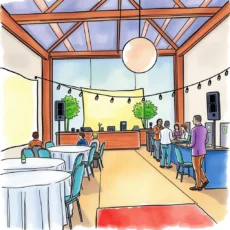Rental Budget Estimator tool displayed in an event space with tables and attendees engaging in planning activities.