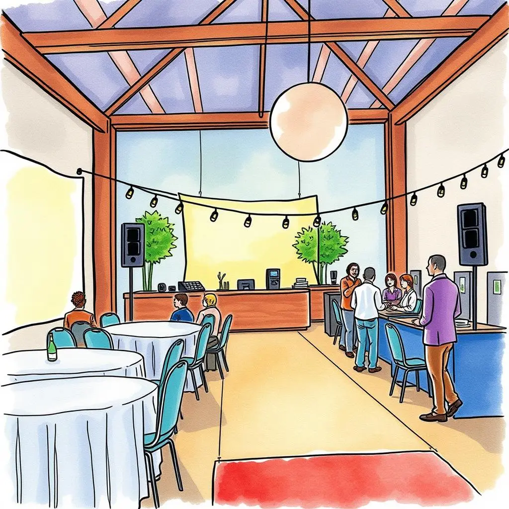 Rental Budget Estimator tool displayed in an event space with tables and attendees engaging in planning activities.