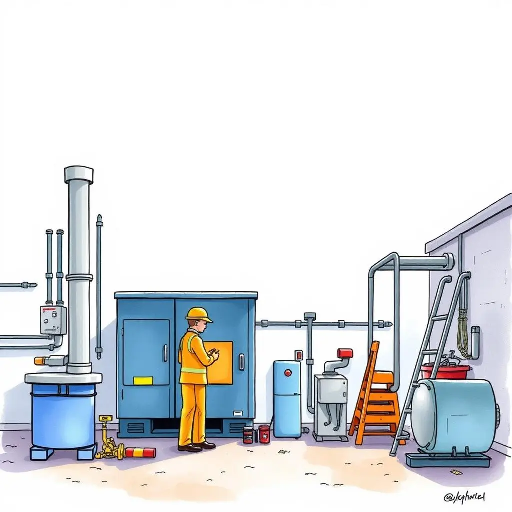 Maintenance alert dispatch: Automatically notify teams of maintenance alerts 1 Maintenance worker in safety gear using a device near machinery for maintenance tasks.