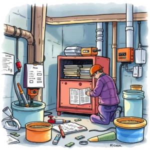 Technician organizing maintenance logs in a facilities workshop environment.
