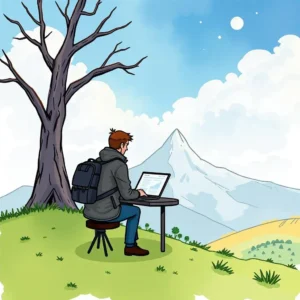 A person using a laptop outdoors, surrounded by mountains and trees, symbolizes research and analysis.