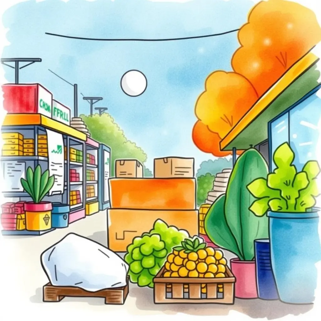 Colorful fruits and vegetables displayed amidst boxes in an outdoor market setting.