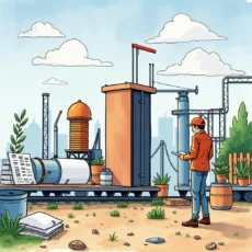 Process engineer analyzing data metrics near industrial equipment.