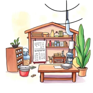A workspace illustrating cost estimation tools with shelves, plants, and equipment for analysis.