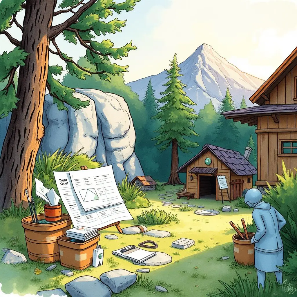 Review outcome reporter: Create reports summarizing review outcomes 1 A serene outdoor workstation featuring tools and documents for cost estimation in manufacturing