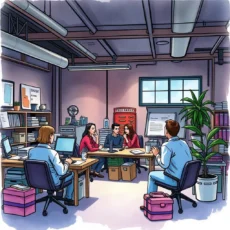 Team collaborating in a manufacturing office, discussing consensus feedback formatting.