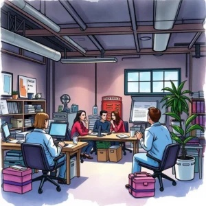 Team collaborating in a manufacturing office, discussing consensus feedback formatting.