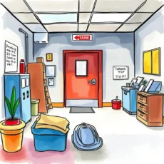 Illustration of a custodial supply room with cleaning equipment and signage.