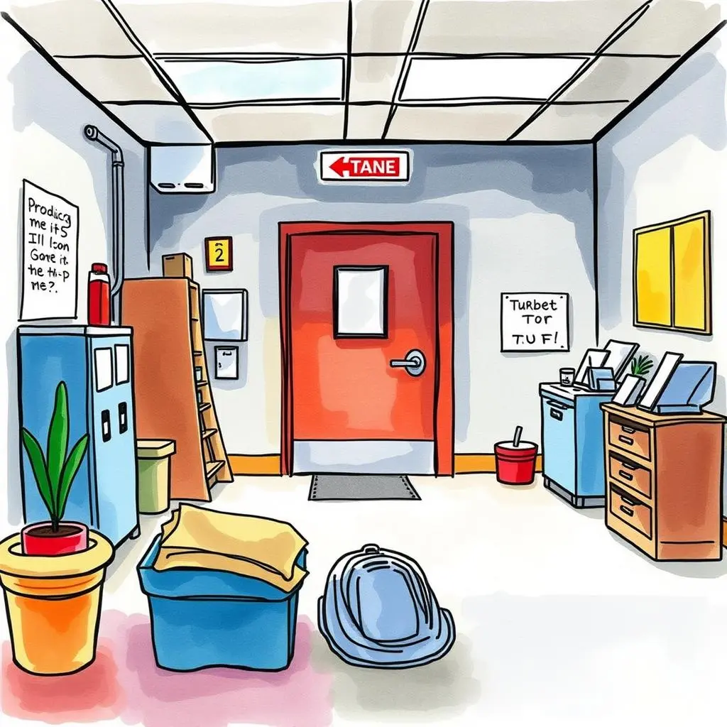 Emergency procedure description tool: Generate descriptions for emergency procedures and protocols 1 Illustration of a custodial supply room with cleaning equipment and signage.