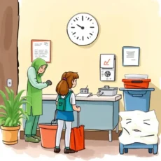 A girl interacts with a custodial worker in a facility's service area, surrounded by cleaning supplies.