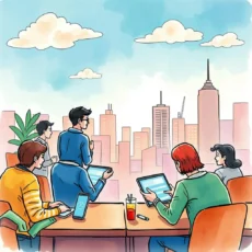 Engagement strategists analyze tone while collaborating in a modern urban office.