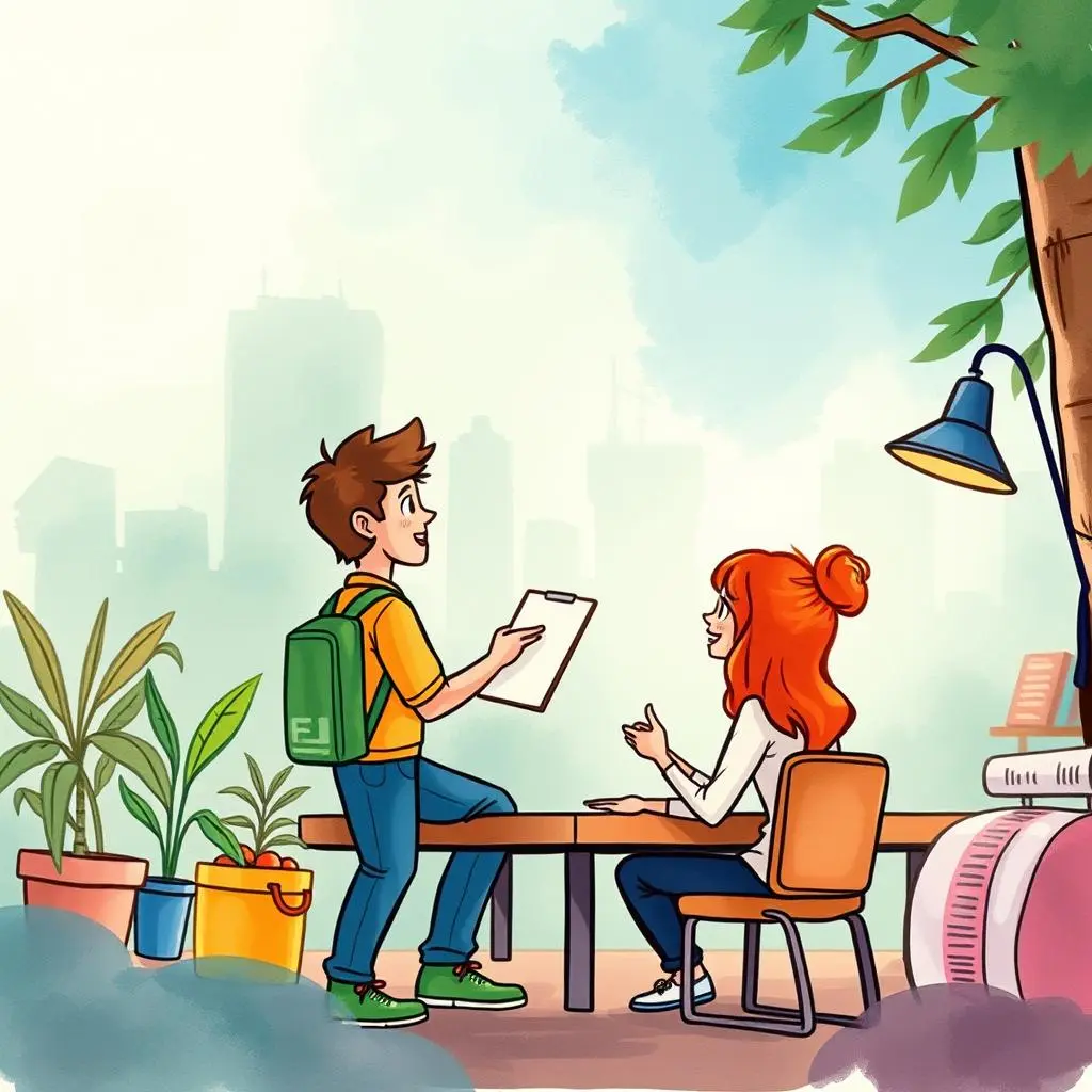 A young man engages in a conversation with a woman at a wooden table in a bright office setting.