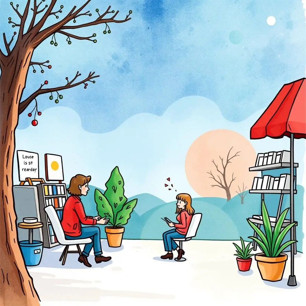 A conversation between a customer service representative and a child in a welcoming outdoor setting with plants.