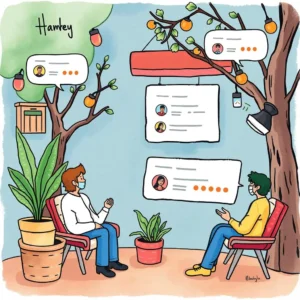 Organized discussion scene in a garden setting, showcasing the Feedback Filer tool for customer insights