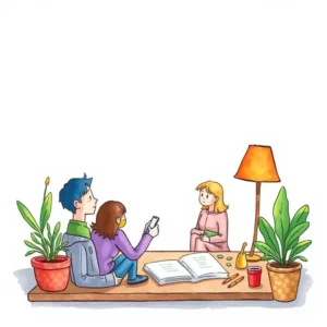 Improvement Suggestion Maker tool discussion among three people in a cozy setting with plants.