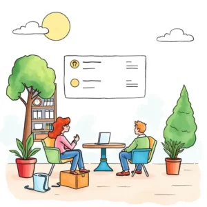 Review aggregation tool: Consolidate multiple feedback entries efficiently 6 A digital illustration of two people engaging in a discussion about feedback aggregation outdoors.