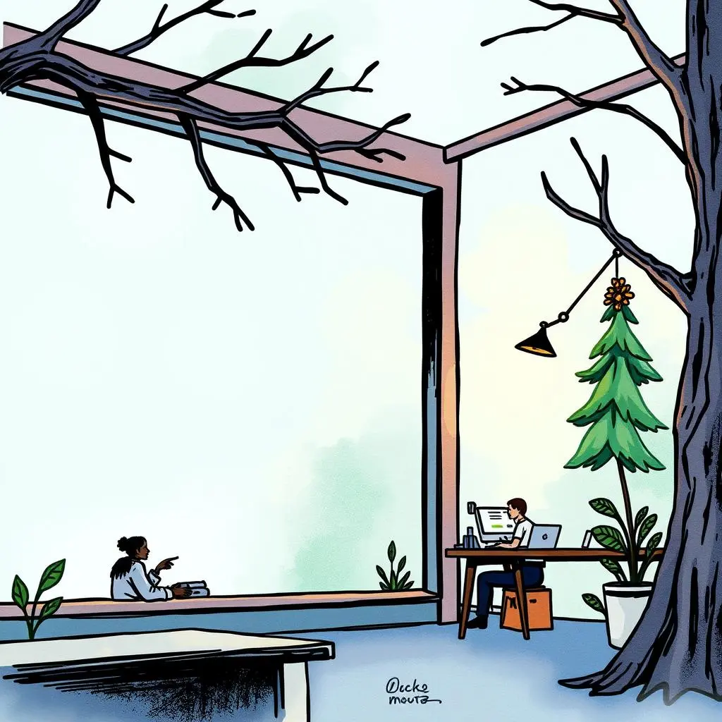 Survey question generator: Create effective survey questions easily 1 A person working at a desk beside a large window while another individual sits casually nearby.