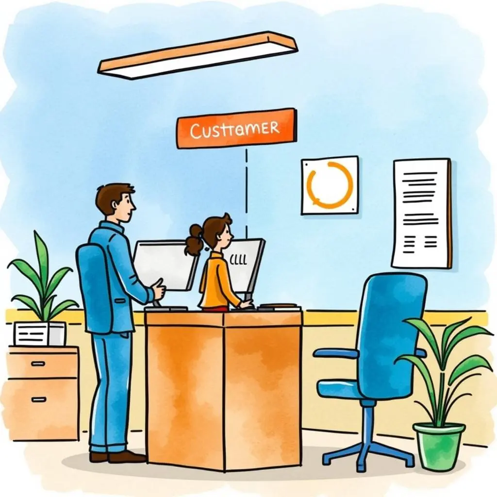 Service overview generator: Summarize service offerings for customer understanding 1 Customer service representatives assisting a customer at a support desk in a bright office setting.