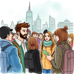 A diverse group of people engaged in conversation in an urban setting, symbolizing customer profiling.