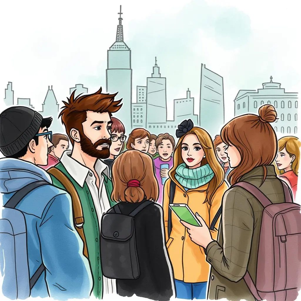 Affinity group identifier: Distinguish customer interests and affinities 1 A diverse group of people engaged in conversation in an urban setting, symbolizing customer profiling.