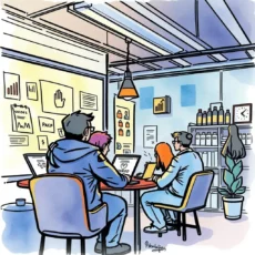 Customer Engagement Analysts collaborating in a modern office space around a table filled with digital tools.