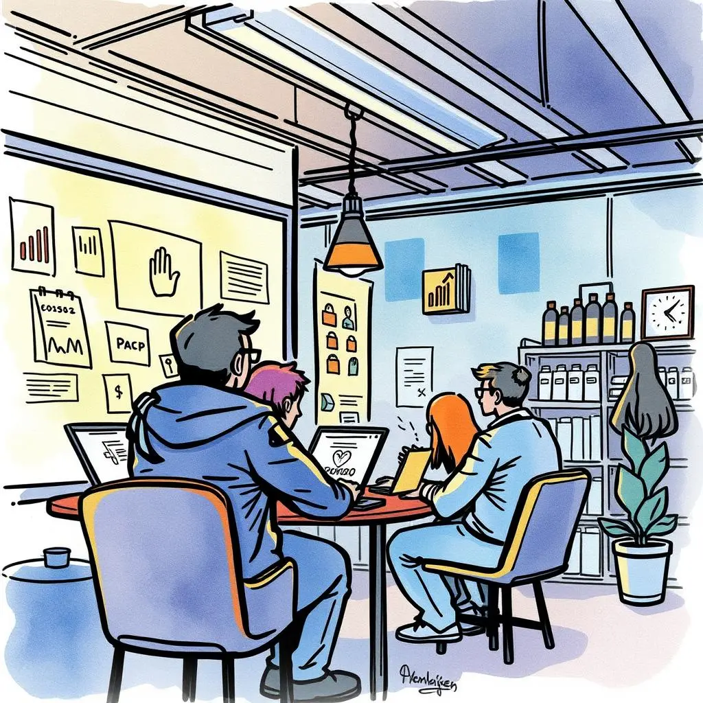 Customer engagement analyzer: Examine engagement behaviors of customers 1 Customer Engagement Analysts collaborating in a modern office space around a table filled with digital tools.