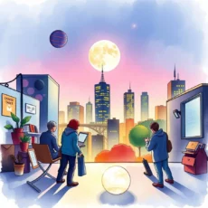 City skyline at dusk with figures observing, illustrating data analysis and customer insights summarization.