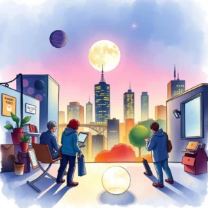 City skyline at dusk with figures observing, illustrating data analysis and customer insights summarization.