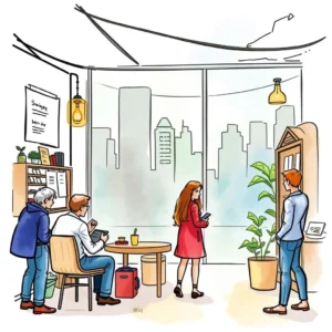 A group of diverse professionals collaborating in a modern office environment.