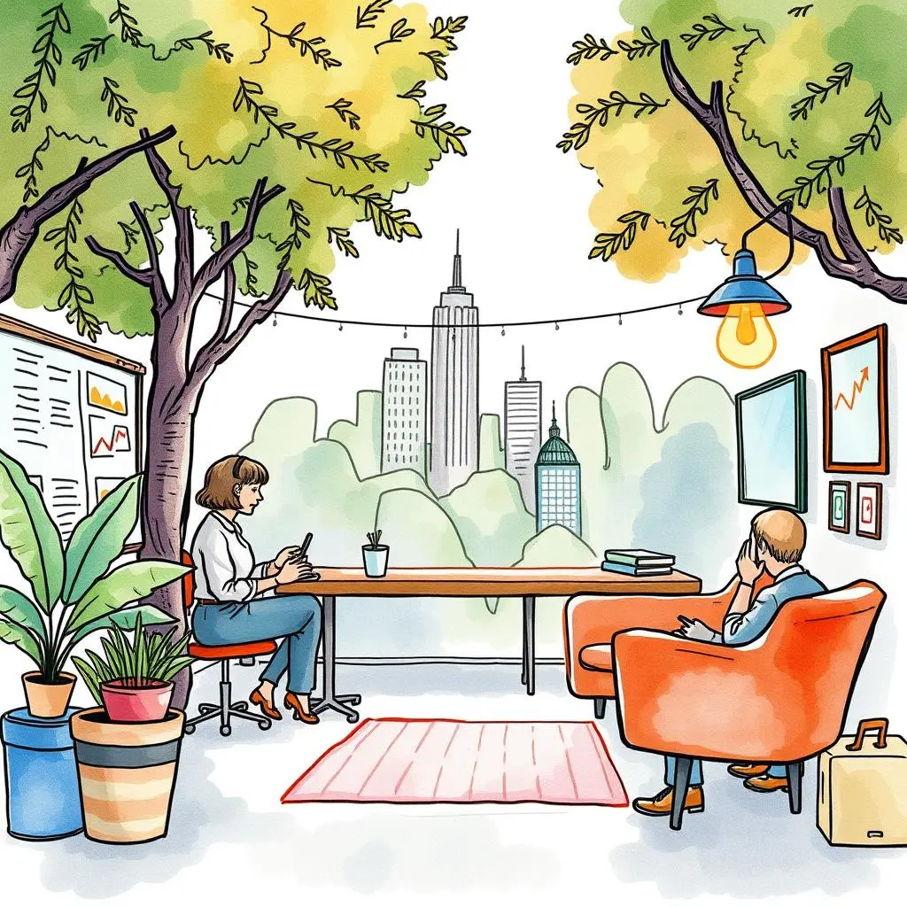 Profile mapping assistant: Map customer data into structured profiles 1 A professional workspace with two individuals discussing customer profiling near a cityscape.
