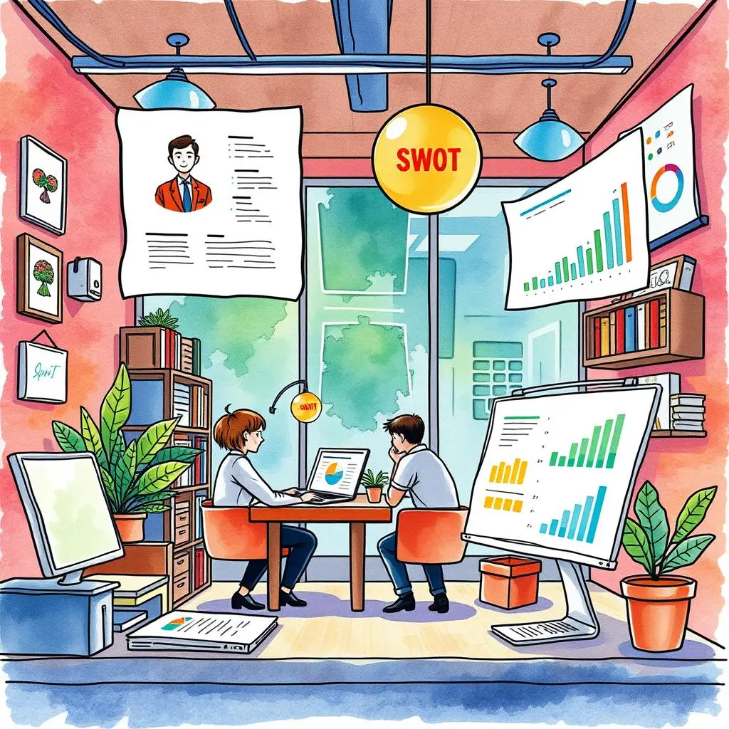 Swot analysis assistant: Generate SWOT analysis from competitor data 1 Two analysts collaborating on swot analysis in an office setting.