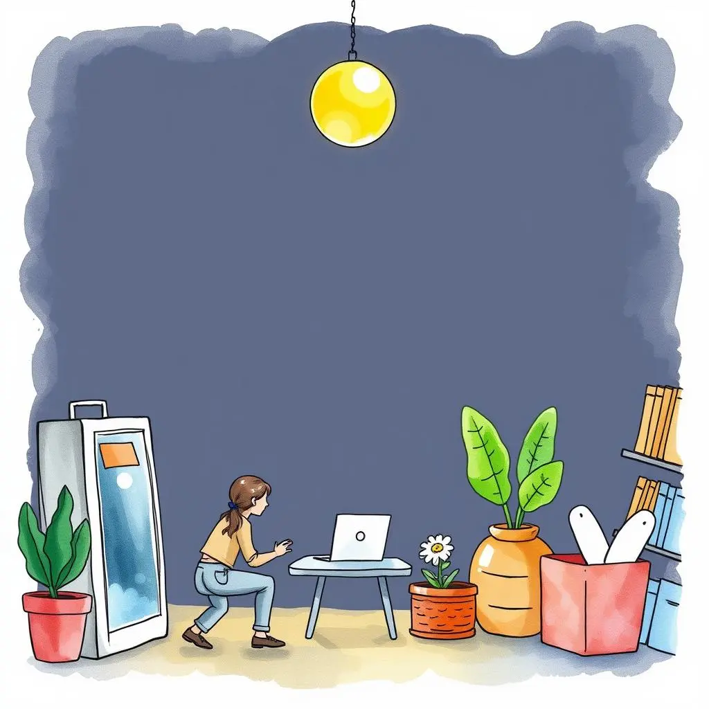 Person using a laptop in a cozy workspace surrounded by greenery.
