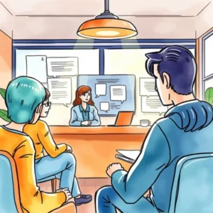 Feedback Data Synthesizer meeting with analysts discussing customer insights in an office setting.