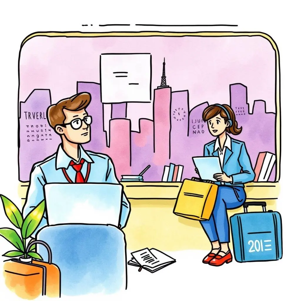 Cost analysis generator: Provide analysis of travel spending habits 1 A business setting with a man and woman discussing travel costs while analyzing reports on a laptop.