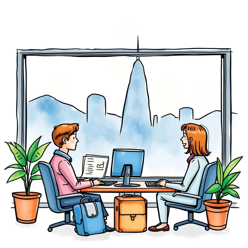Expense claim clarity tool: Clarify travel claim details and requirements 1 Professionals discussing travel expenses with a city skyline background.