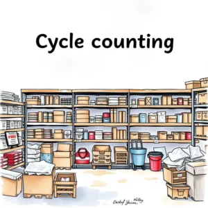 Cycle counting setup with organized shelves of various inventory items and supplies.