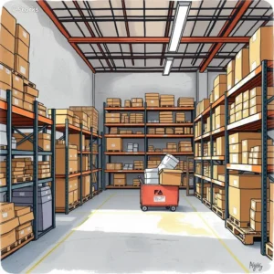 Illustration of a warehouse showing organized shelves with boxes.