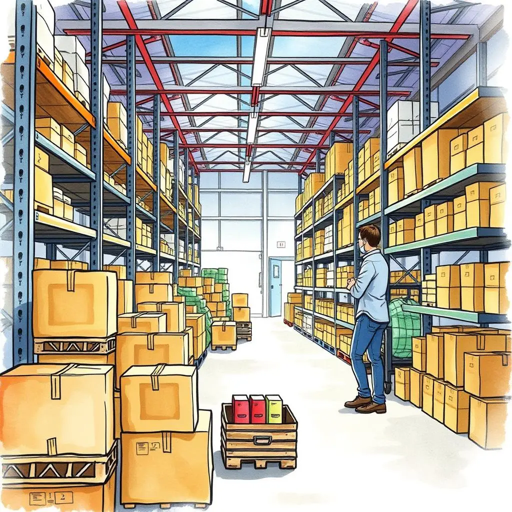 Cycle count coordination tool: Coordinate your cycle counts seamlessly with AI 1 Warehouse interior with a worker organizing inventory for cycle counting.