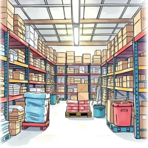 Storage area with shelves full of boxes and packaging materials in a warehouse setting.